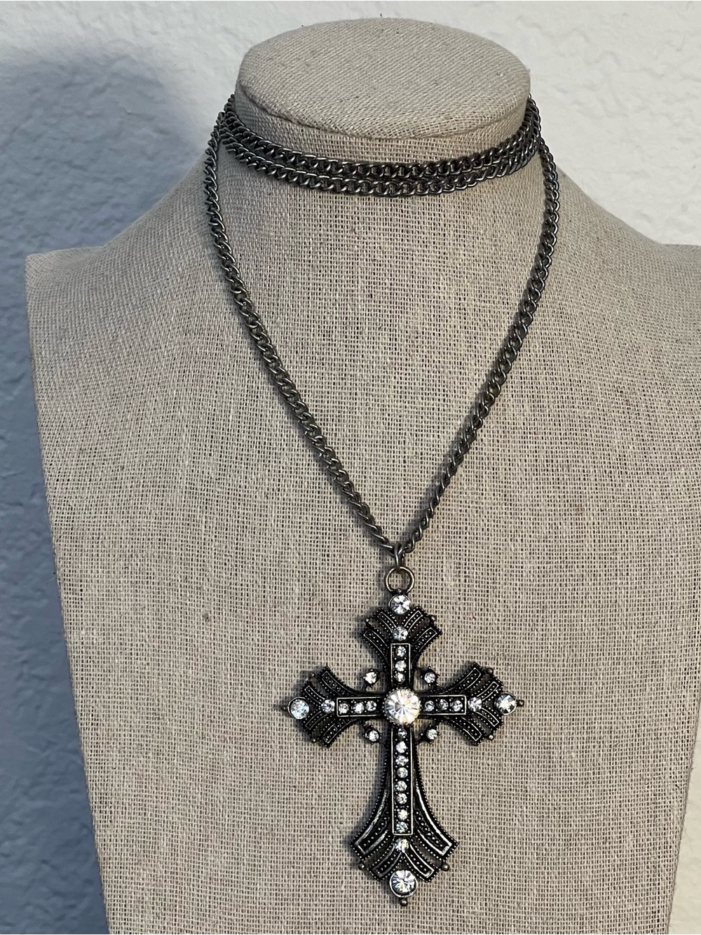 Sloped Silvertone Paved Clear Rhinestone Cross Pendant Statement Chunky Necklace